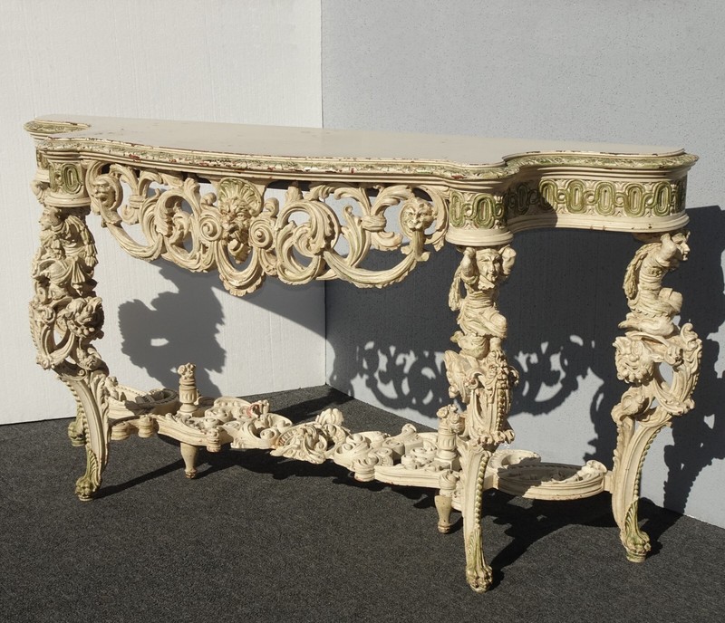Ant. Italian Console Table White French Louis XIV Ornate Carved Rococo Figurines gallery