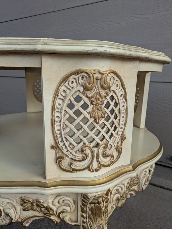 Vintage French Provincial Louis XVI Victorian Cream & Gold Gilt 2-Tier Table gallery