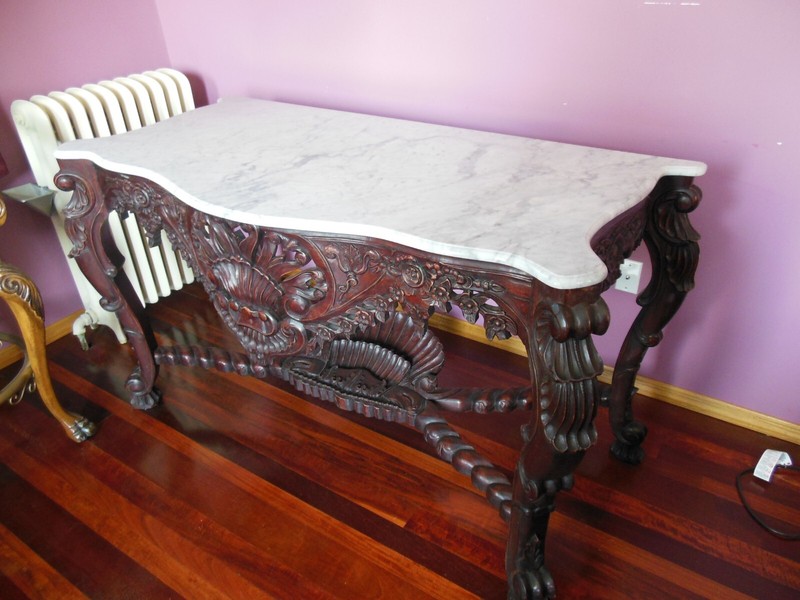 Stunning Vintage Huge Hand Carved Honduran Mohagany Marble Server/Display Table gallery