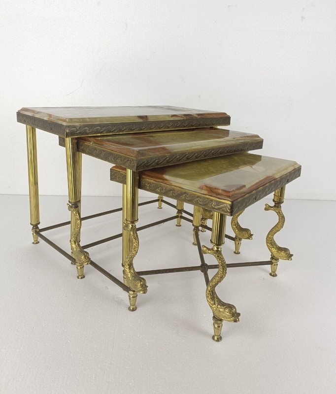 set of 3 nesting stacking tables Hollywood regency Ornate brass Fish Marble tops gallery