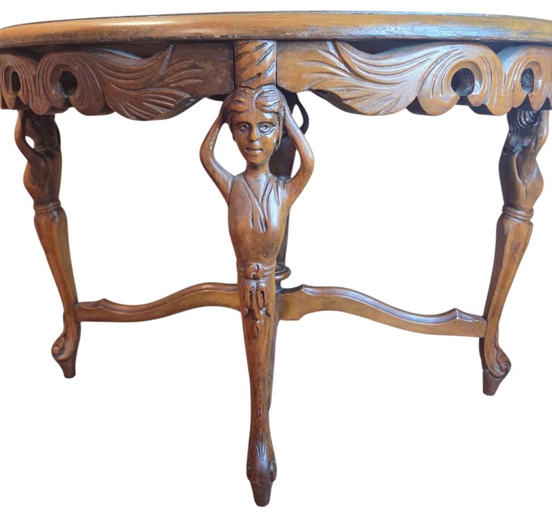Antique French Renaissance Oval Accent Table Carved Wood Figural Maidens Glass gallery