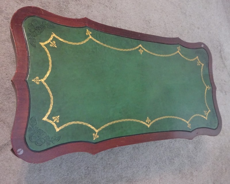 Rare Bevan Funnel Green Tooled Leather Top Coffee Table Gold Accents Mahogany gallery