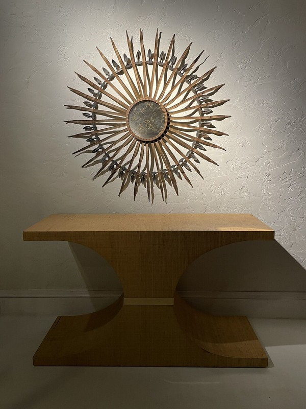 KARL SPRINGER Style Sculptural Grass Cloth Linen Brass Console Table gallery