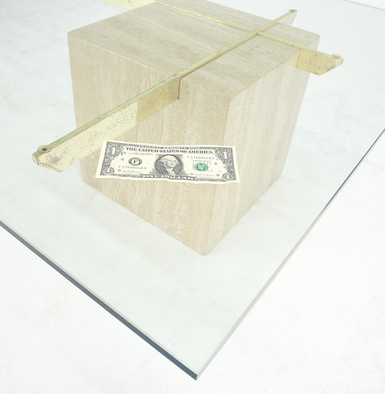 Large 37x37 Square Glass Top Travertine Pedestal & Brass Base Coffee Table gallery