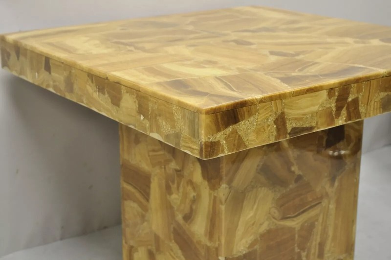 Vintage Mid Century Modern Lacquered Resin Onyx Mosaic Brown Square Side Table gallery