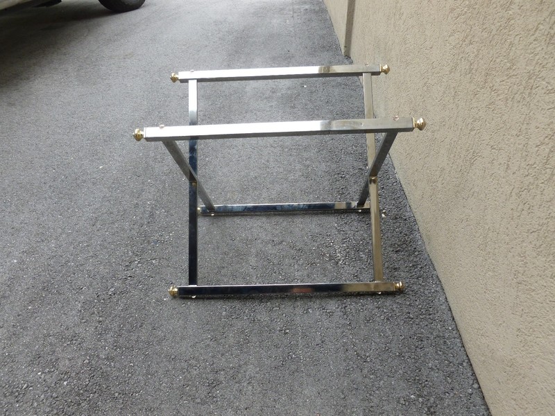 ELEGANT CHIC 1970'S CHROME CAMPAIGN TABLE BASE WITH BRASS FITTINGS gallery