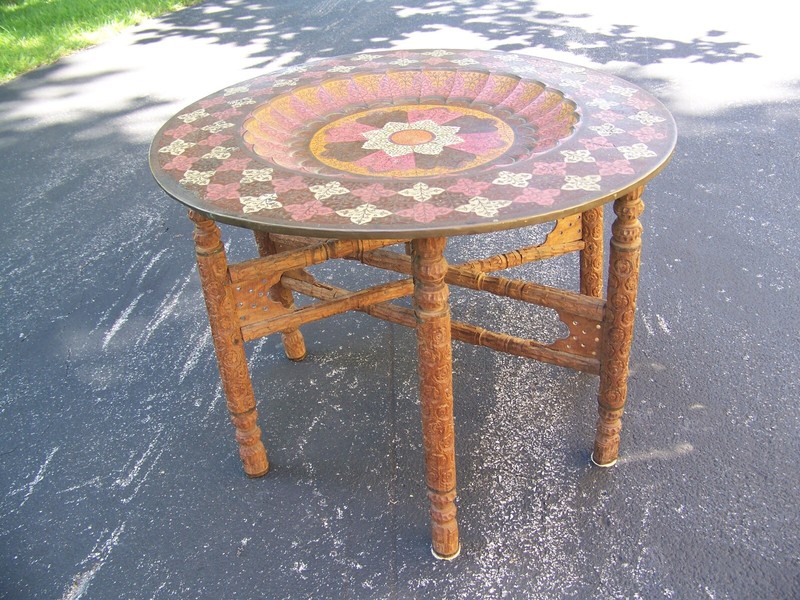 Antique Moorish or Indian Folding Round Copper & Wood Etched Tray Side Table