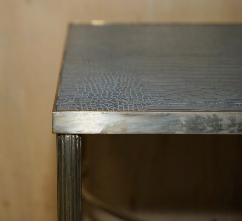 PAIR OF SQUARE VINTAGE CHROME CROCODILE ALLIGATOR LEATHER PATINA SIDE TABLES gallery