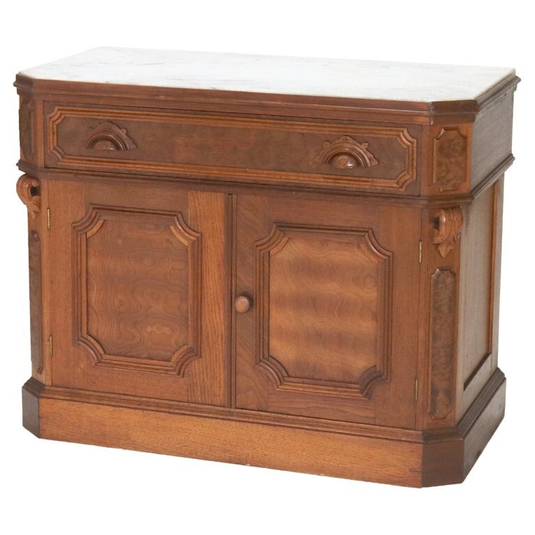 Antique Victorian Walnut & Burl Marble Top Commode C1890