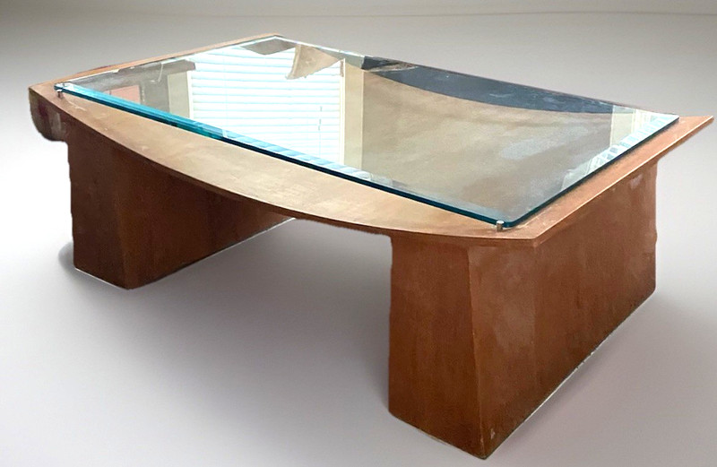 Large “Shinto Coffee Table” in oak with glass top and steel feet by Jay Spectre