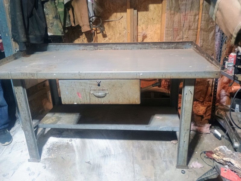 Fort Steuben Vintage Metal Industrial Work Bench With Center Drawer Lower Shelf
