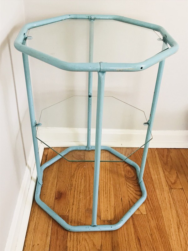 Vintage 1950s Side Table Blue Metal Glass 2 Tier Octagon gallery