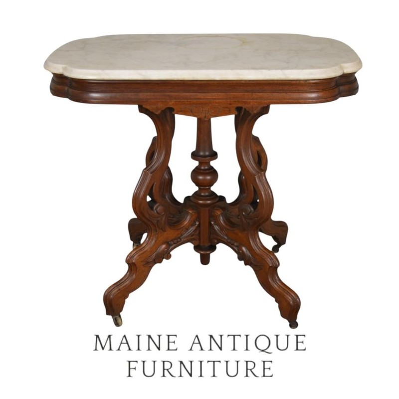 Antique Victorian Marble Top Carved Lamp Table – Walnut Base, 1880s #22593