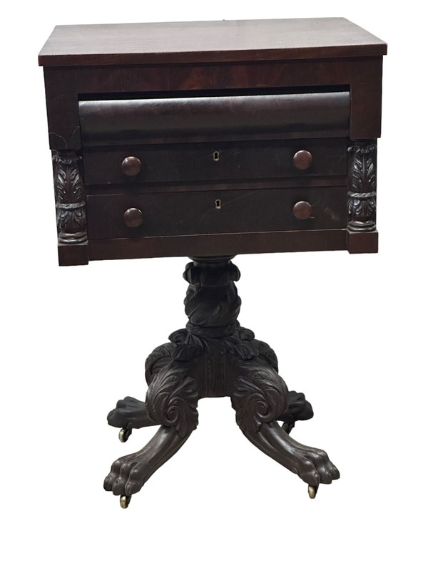 Antique Empire Work Table Sewing Stand 1820 Heavily Carved Paw Feet federal gallery