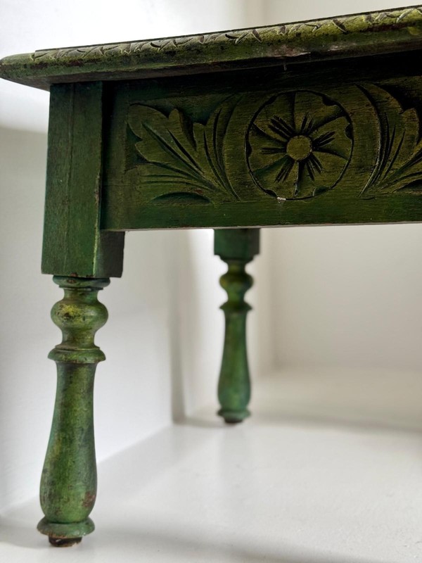 Antique Hand-Carved Folk Table Rustic Painted Green Side Stool gallery
