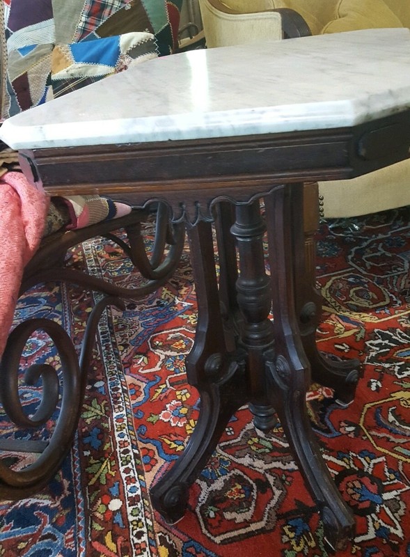 ANTIQUE VICTORIAN WALNUT PARLOR TABLE WITH MARBLE TOP 24"x18"x 28" PICK UP ONLY gallery