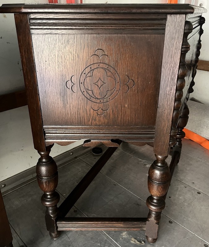 Tomlinson 1930s/40s Jacobean Revival Gothic Carved Romano Oak Server/ Side Table gallery