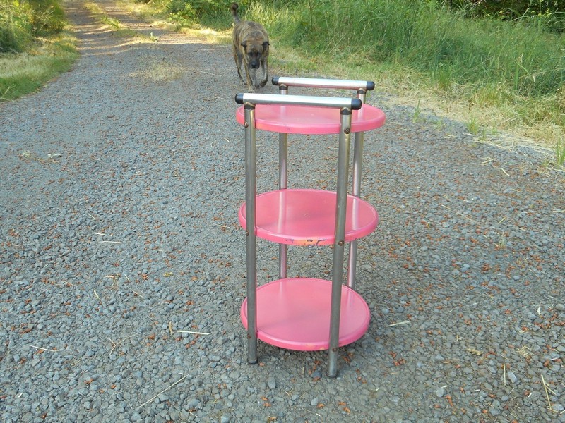 Mid Century Modern Pink & Chrome Serving Bar Cart Trolley 3 Tier Round Trays gallery