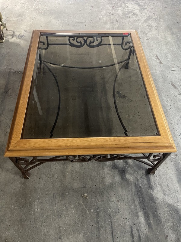 Drexel Heritage Wrought Iron, Wood Trim And Bravled Glass Top