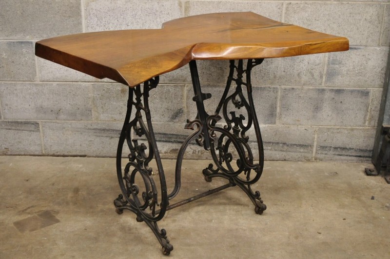 William Herrick Cast Iron Sewing Machine Base Live Edge Walnut Top Console Table gallery
