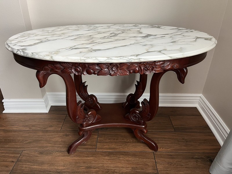 Antique Victorian Hand-Carved Honduran Mahogany Table w/ Italian Carrara Marble