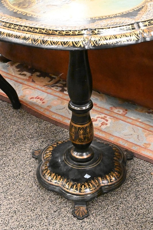 Antique Tip Table, Papier Mache, Black, Gold, Mother of Pearl, Scene, 1800s! gallery