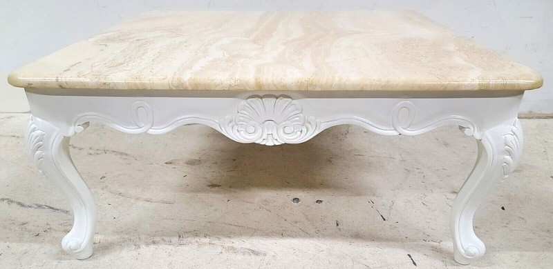 French Provincial Travertine Marble & Wood Cocktail Coffee Table gallery