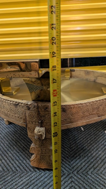 Tribal Indian Teak Chakki Grinding Table with Geometric Motifs and Glass top gallery