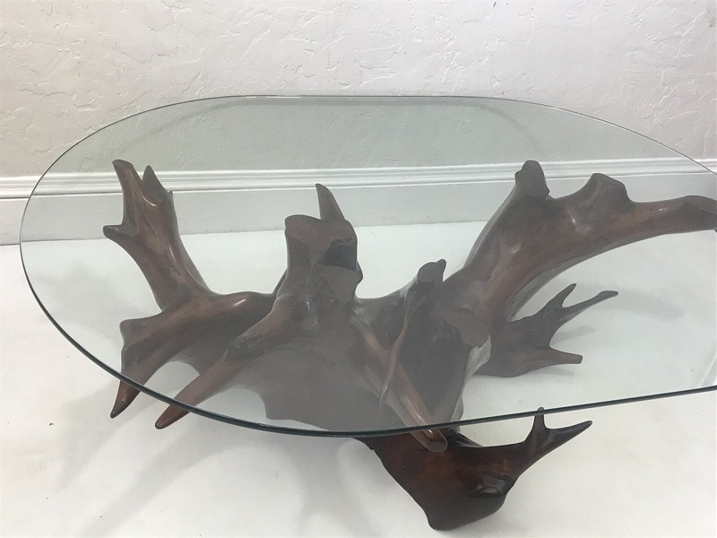 Mid Century Spanish Walnut Root Glass Top Coffee Table gallery