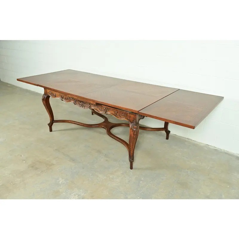 Baker Furniture Style French Provincial Louis XV Carved Oak Dining Table, 1960s gallery