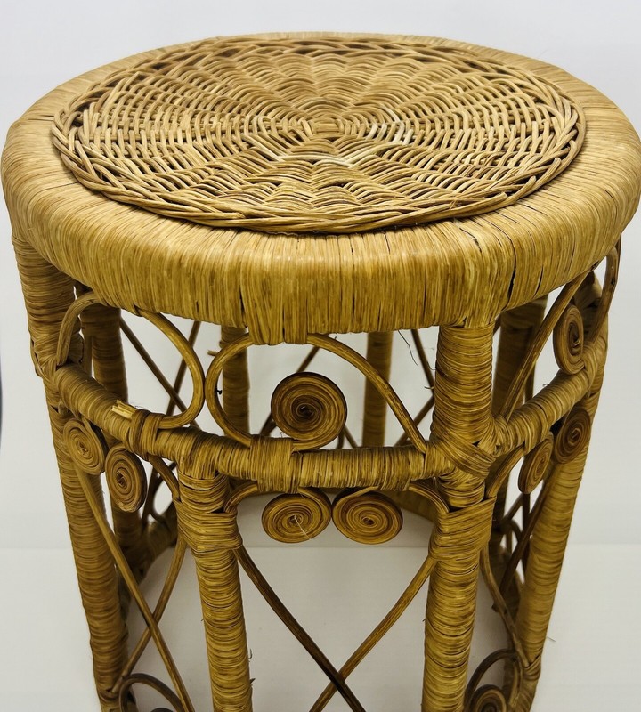 Vintage Mid-Century Rattan Round Stool End Table Filigree Details gallery