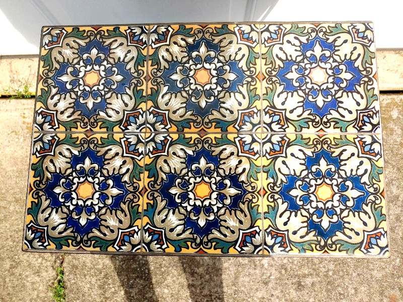 WONDERFUL CALIFORNIA? ARTS & CRAFTS TILE TOP TABLE, PLANT STAND WITH IRON BASE.. gallery