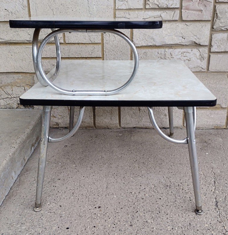 Vintage Atomic MCM Swedish Formica & Chrome Coffee & 2 Tier Step End Table Set gallery