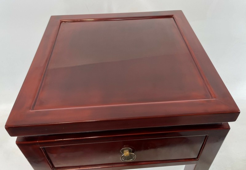 RARE Vintage THANH LE Vietnam Pair 19" Red Lacquer Wood Brass Side End Tables gallery