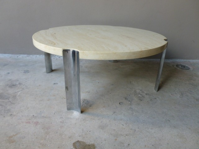 1970’S ROUND SELIG FAUX MARBLE FLYING SAUCER COFFEE TABLE W 4 THICK CHROME LEGS