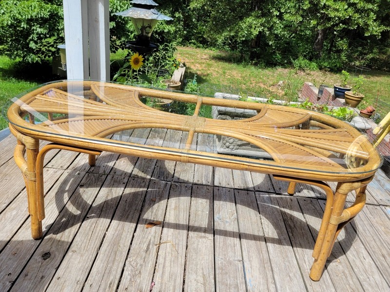 Vintage Coastal Palm Pencil Reed Bamboo Glass Top Coffee Table MCM