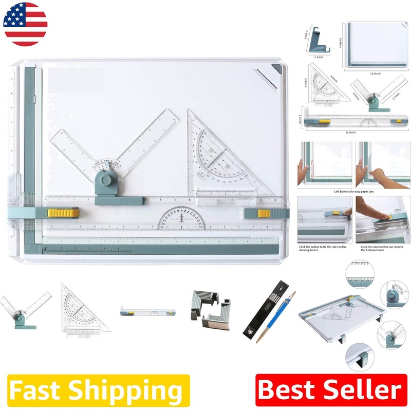 Durable A3 Drawing Board - Tabletop w/ Clamps, Protractor, Sliding Ruler