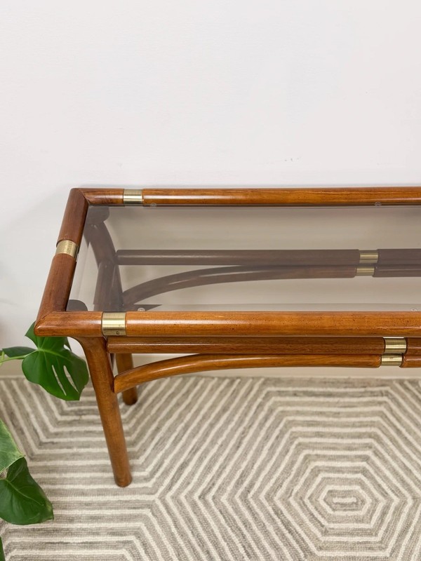 Mid Century Modern Bent Wood And Glass Console Sofa Table With Brass Inlay gallery