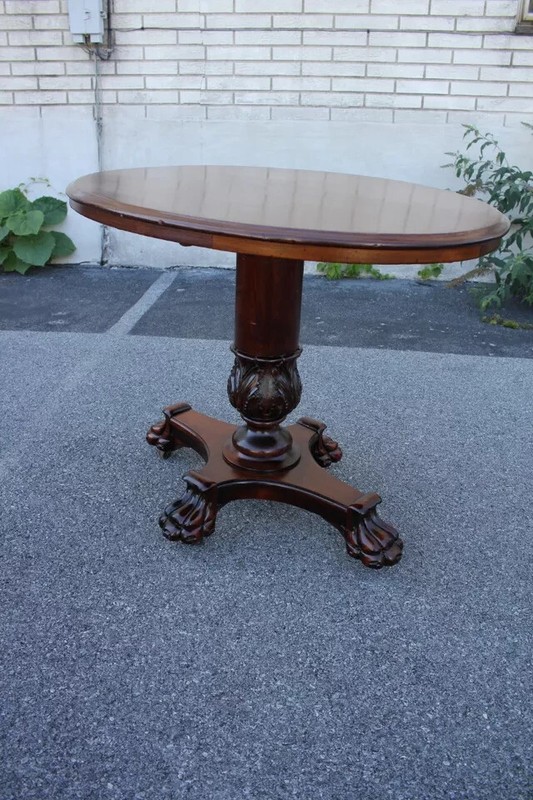 Antique Empire Style Walnut Round Center Table with Claw Feet, Elegant Pedestal gallery
