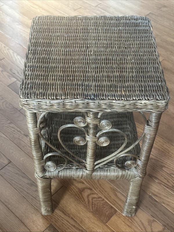 Vintage Victorian Shabby Boho Chic Peacock Wicker Rattan 2-Tier Table Scroll