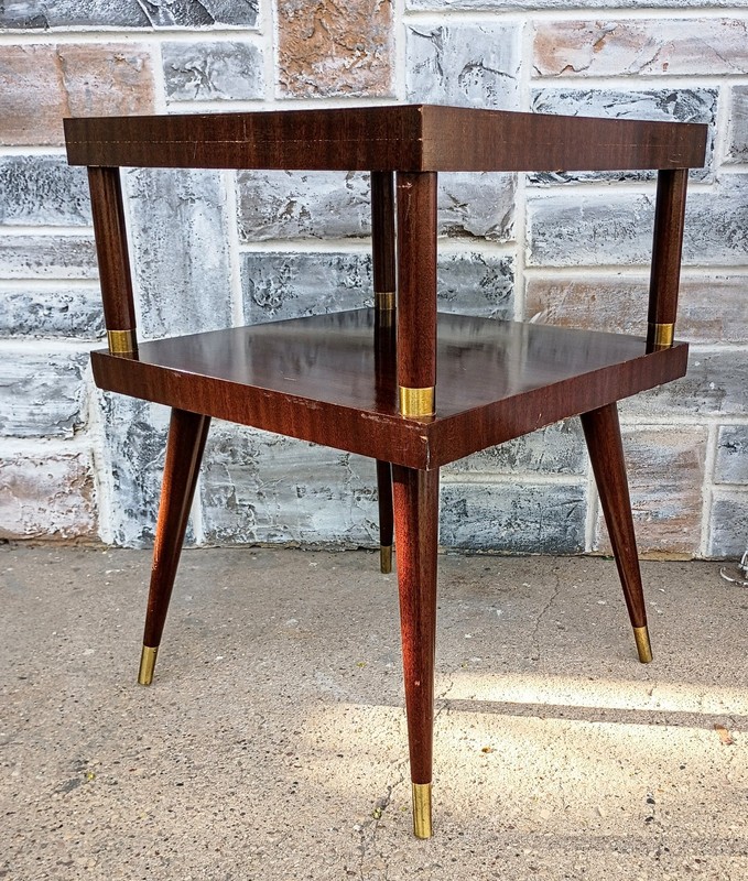 Vintage Mid Century 2 Tier Woodgrain Laminate End Side Table Tapered Legs gallery