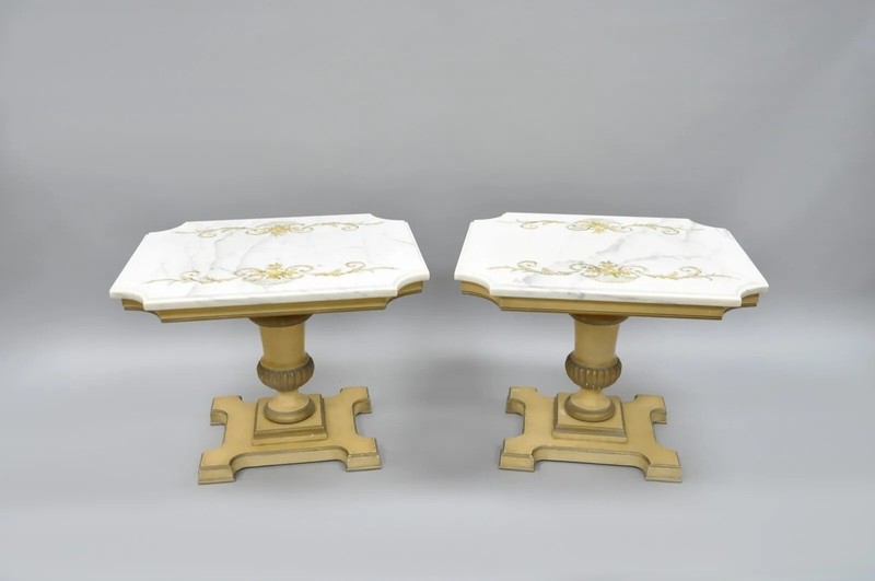 Vintage French Provincial Style Marble Top Wood Urn Base Side Tables - a Pair gallery