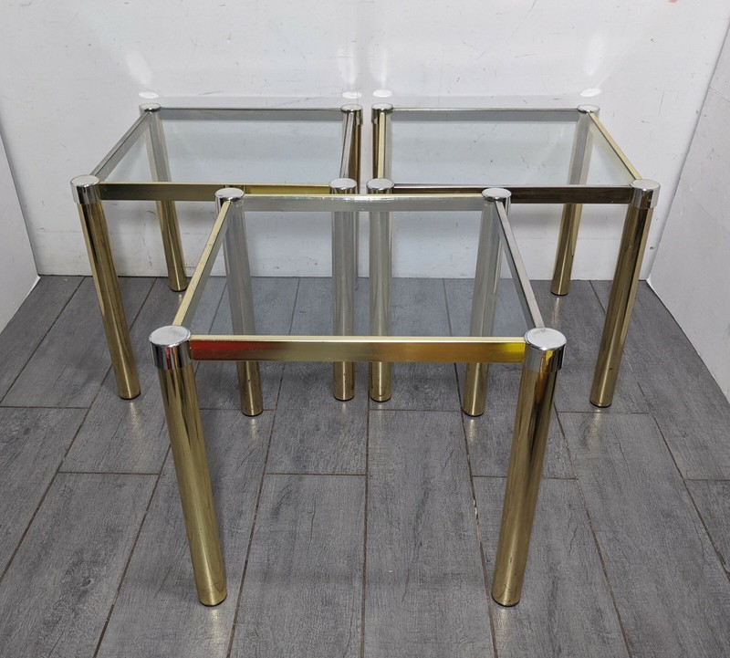 Vintage Set of 3 Mid Century Modern Gold Metal Glass Square Tables Tubular Retro