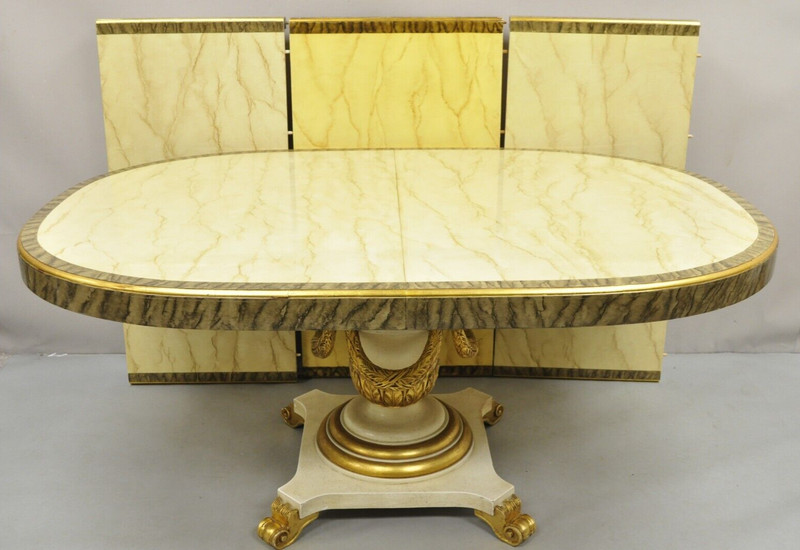 Italian Regency Cream & Gold Gilt Lacquered Urn Pedestal Dining Table - 3 Leaves gallery