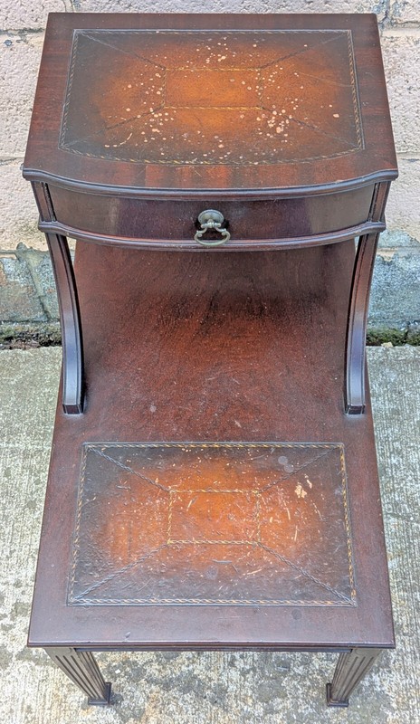 Antique Old Wood Wooden Leather Top 2 Tiers Coffee End Accent Side Table Drawer gallery