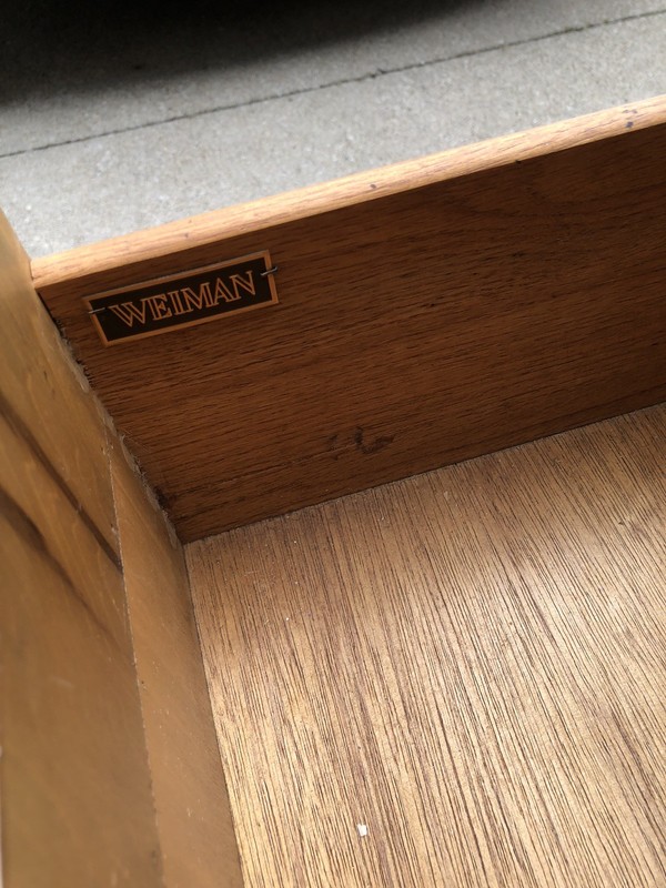 WEIMAN Mid Century Solid Wood End Table w/Tapered Legs Brass Pull Handles gallery