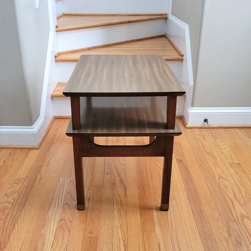 Vintage MCM Two Tiered Side/End Table Walnut Base Formica/Laminate Tops Unique! gallery