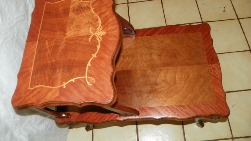 Mid Century Walnut Carved Inlaid Book Matched Veneer Step End (SET-24) gallery