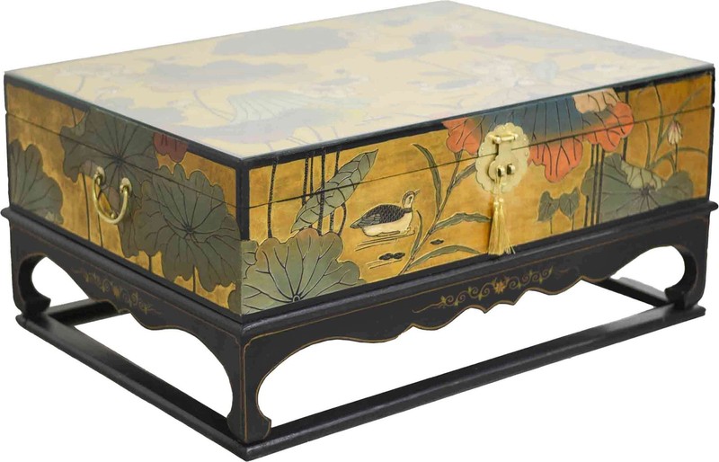 Mid Century Chinoiserie Gold Lotus & Birdlife Motif Coffee Table