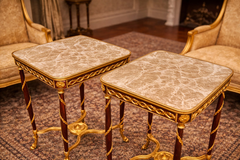 Tables Louis XVI Pair (2 pcs) Mahogany Marble Top Bronze Mounted French Elegance gallery